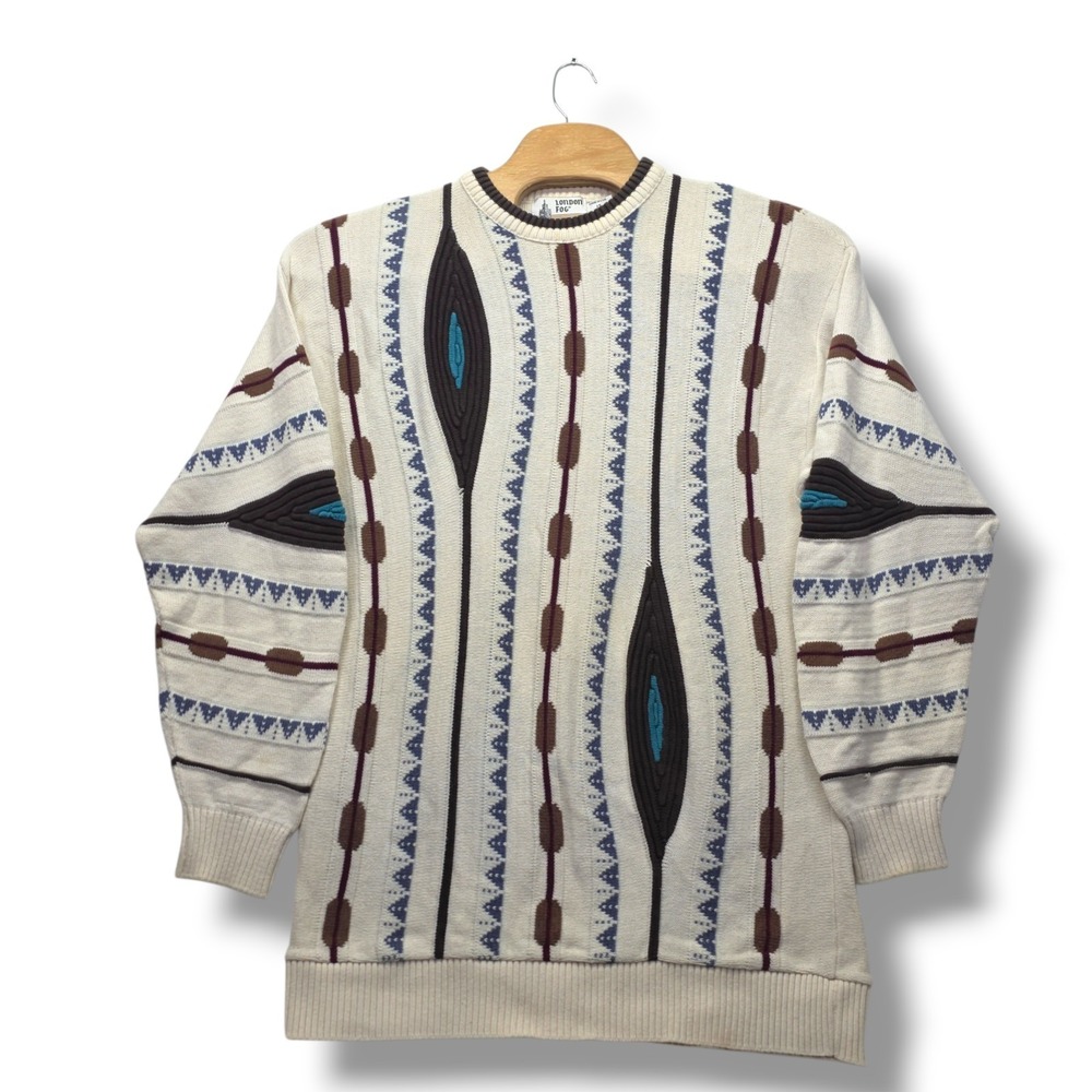 Vintage London Fog Sweater Mens LT Ivory Textured Knit Coogi Style Geometric 90s